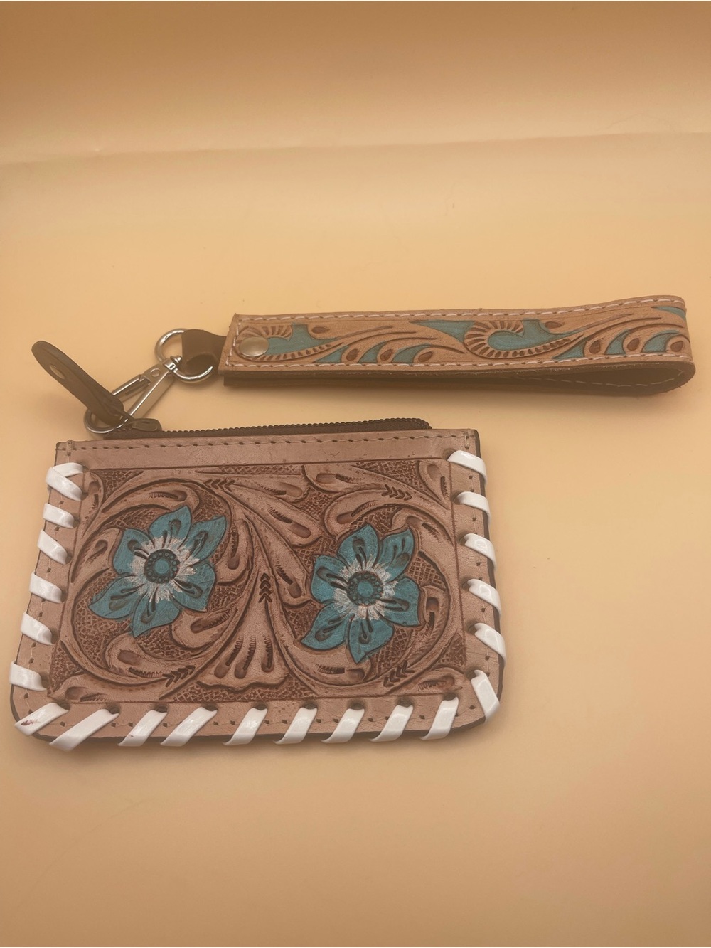 Western Tooled Leather Cowhide Coin Purse Turquoise Floral Wristlet